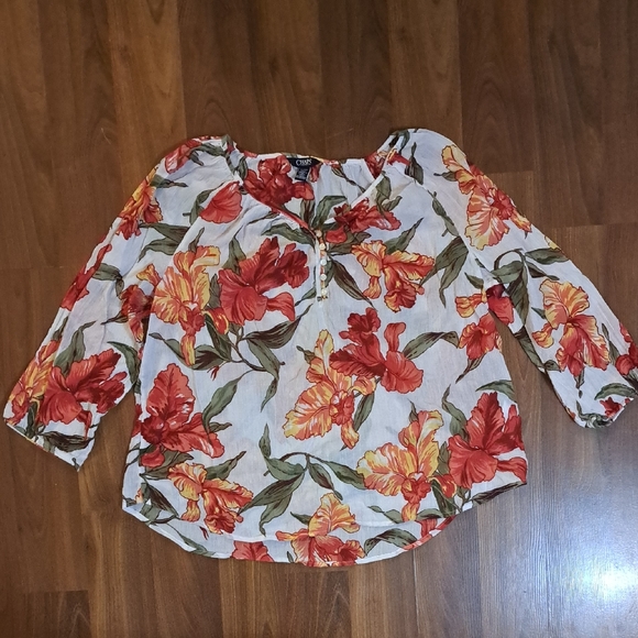Chaps Tops - Chaps Floral Blouse - Red and Green